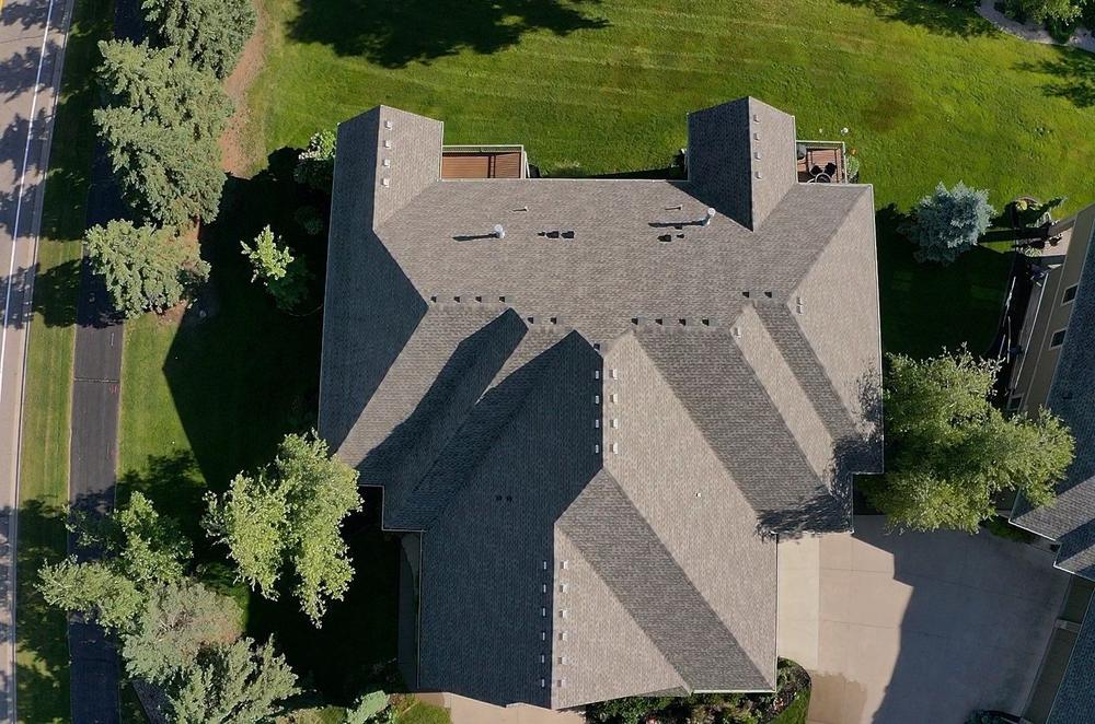 Top-down view of a completed two-unit villa roof