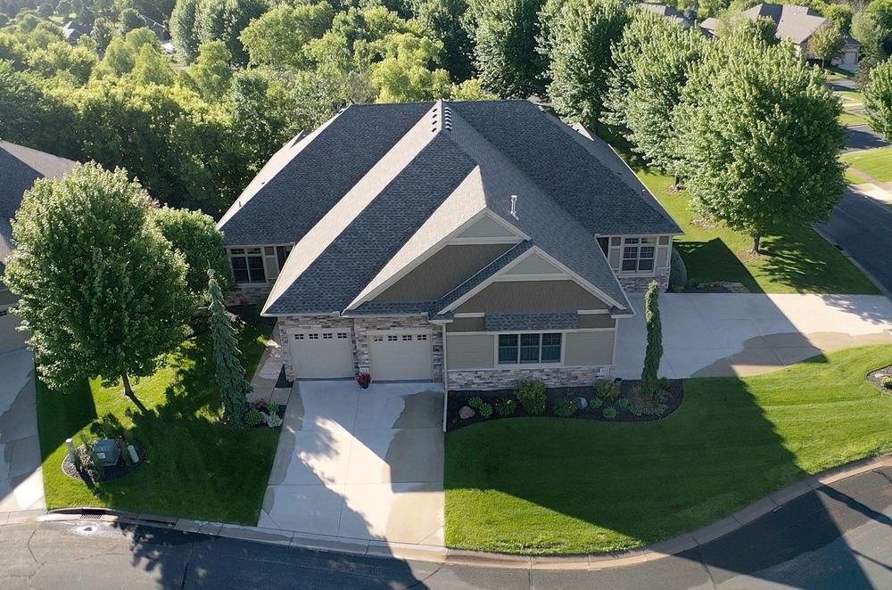 Front aerial of a completed villa roof